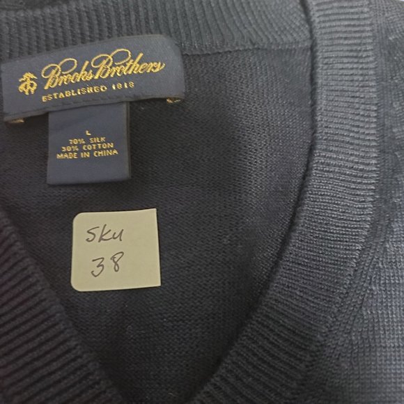 BROOKS BROTHERS Mens L Navy Blue Pullover Sweater V Neck Silk Blend - Picture 8 of 8